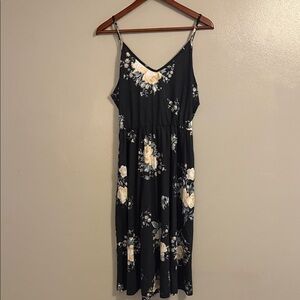 Black Floral Spaghetti-Strap Midi Dress with Cream Blooms